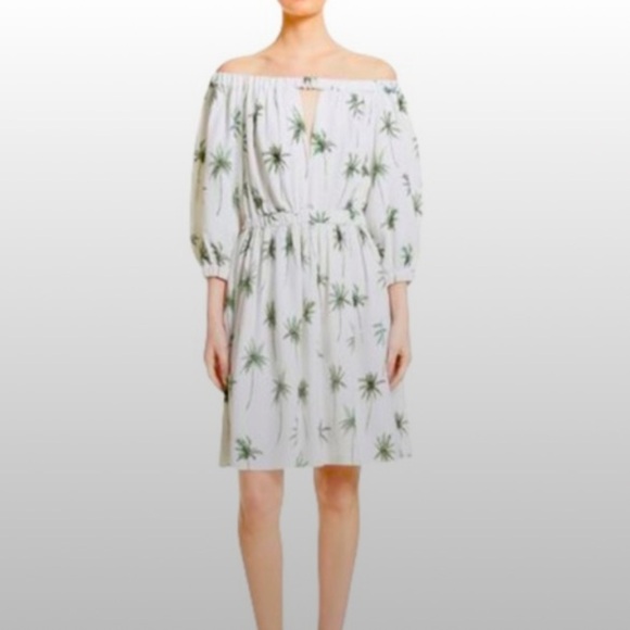 Milly Palm Tree Print Off the Shoulder Resort Dress White Green Size 4 V2 - Picture 1 of 11